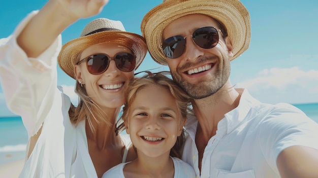 Family selfie on a sunny beach with clear blue skies