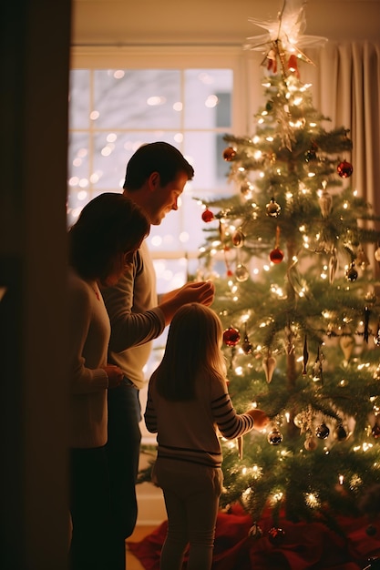 A family shares a warm moment while decorating their Christmas tree