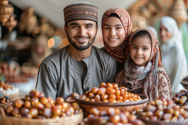 Family sharing a bowl of dates copy space for text