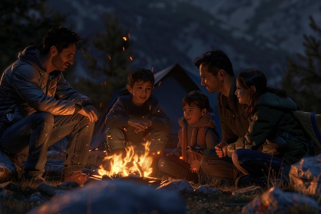 Family sharing stories around a campfire