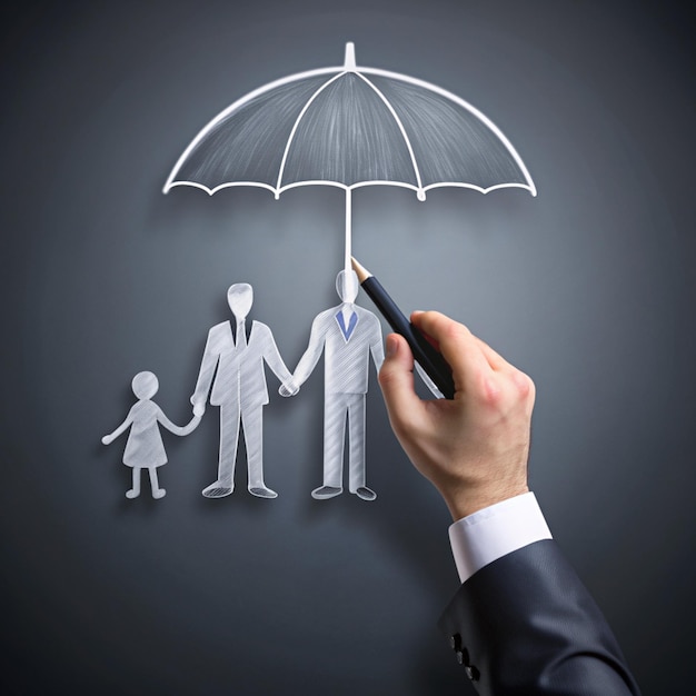 Photo family shield businessman sketches umbrella for protection and security