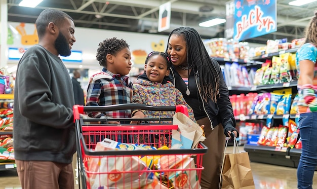 a family shopping in a grocery store with a shopping cart full of groceries