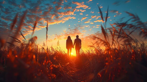 Photo family silhouette gazing at sunset