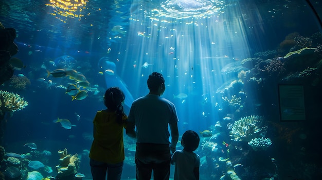 Family Silhouettes Observing Marine Life in an Aquarium