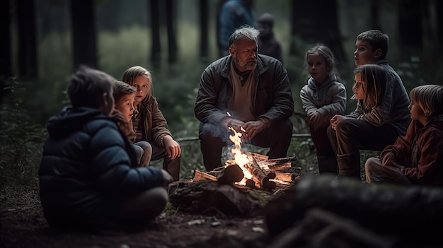 A family sits around a campfire in the woods, surrounded by a dark forest.