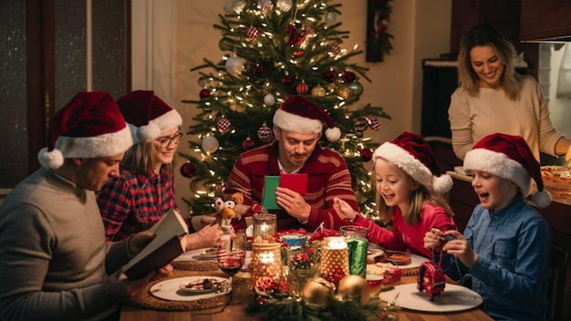 a family sits around a table with a christmas tree in the background