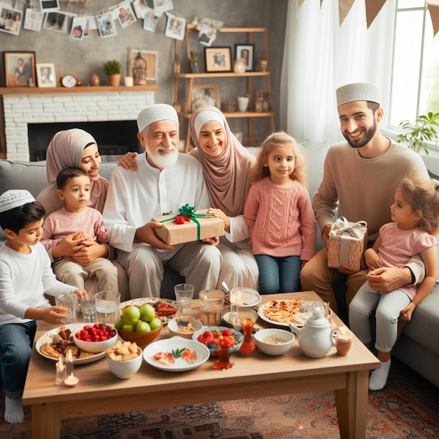 a family sits around a table with a man holding a box of food