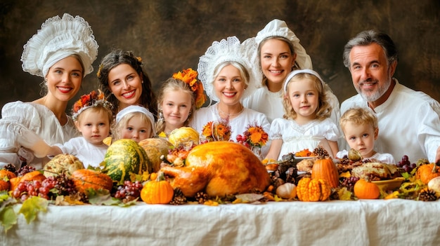 a family sits around a table with a turkey on it