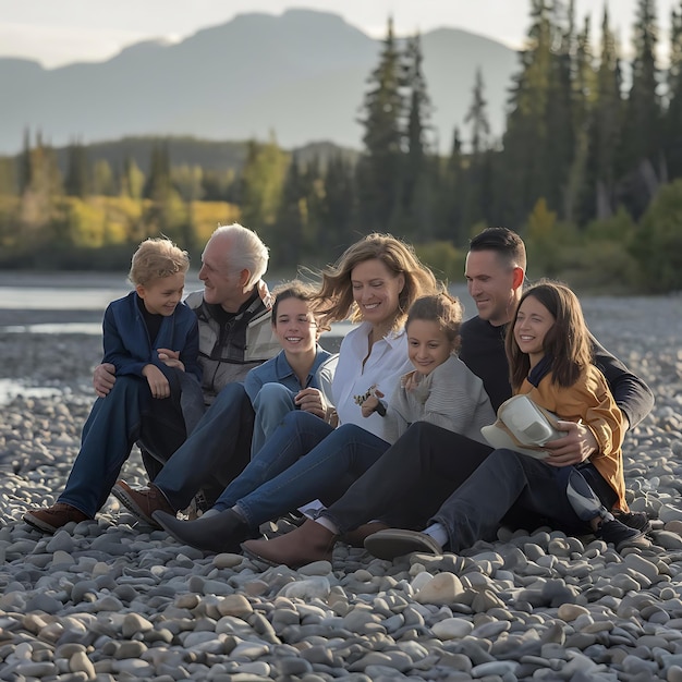 Photo a family sits on a beach with a lake in the background