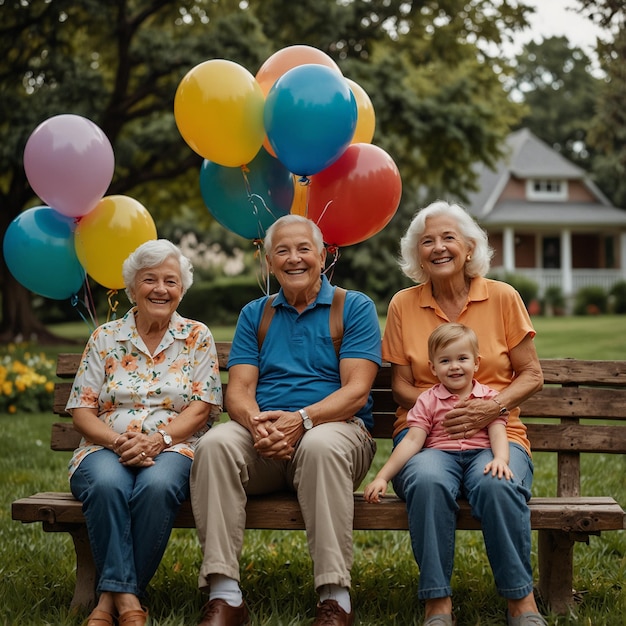 a family sits on a bench with balloons in front of them