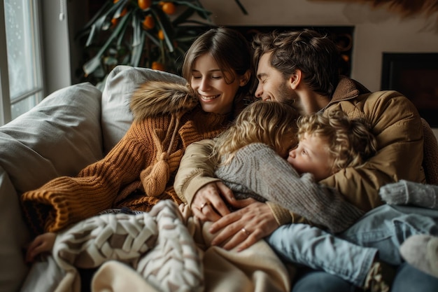 Photo a family sits closely on a couch sharing a cozy moment together a family cuddled up together on a cozy couch