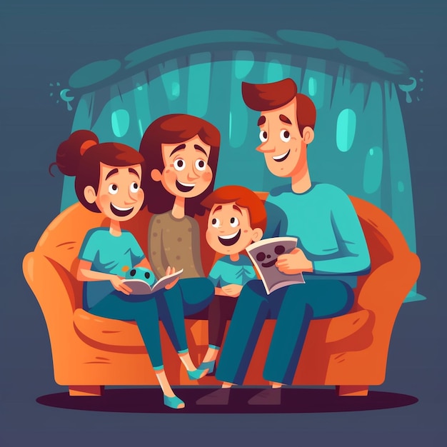 Photo a family sits on a couch with a book titled family