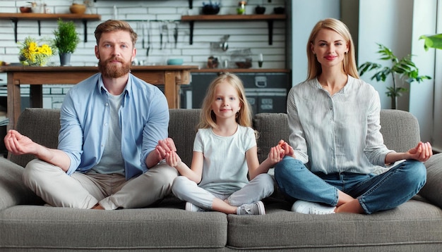 Photo a family sits on a couch with their hands in the air