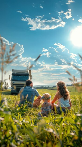 Photo a family sits in a field with a truck in the background