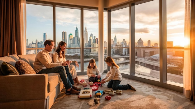 a family sits on the floor in front of a window with a view of the city