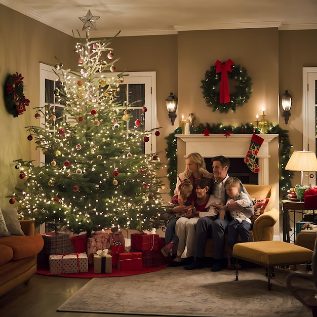 a family sits in front of a christmas tree with presents