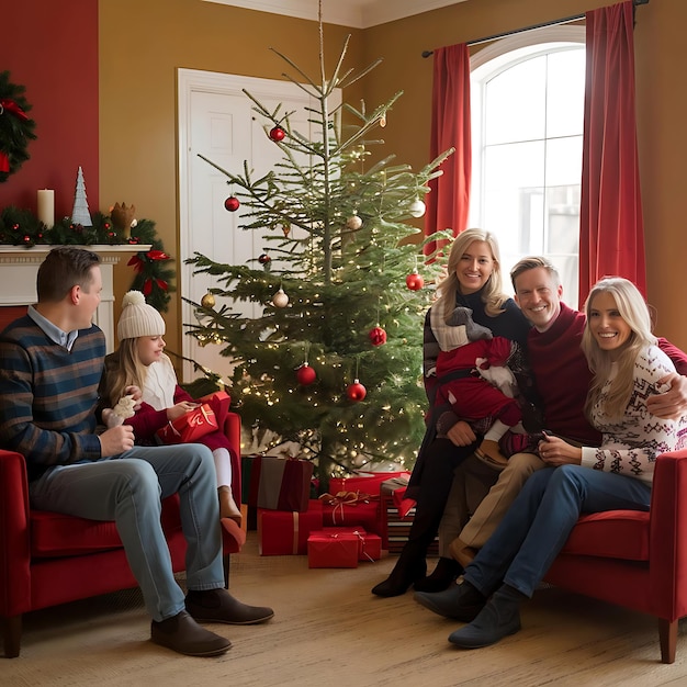 a family sits in front of a christmas tree with a red ribbon