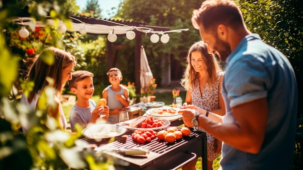 The family sits in the garden at the table Generative AI