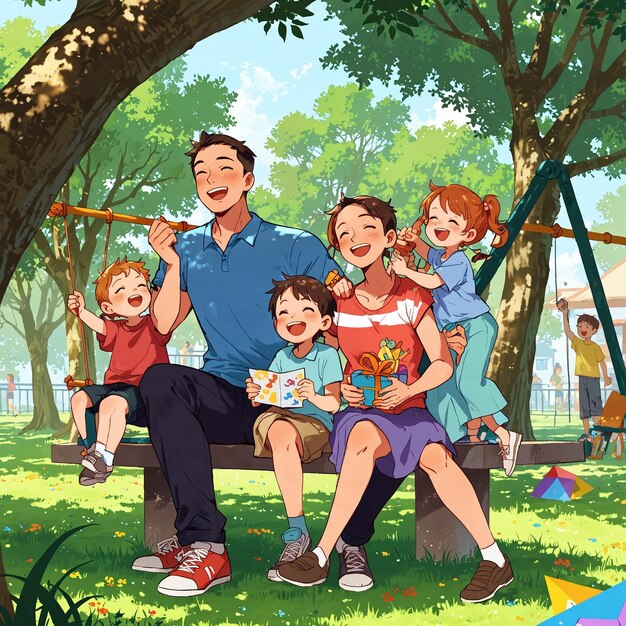 a family sits on a park bench with a swing and children playing