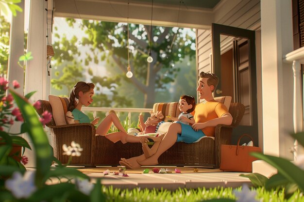 Photo a family sits on a porch in the sun