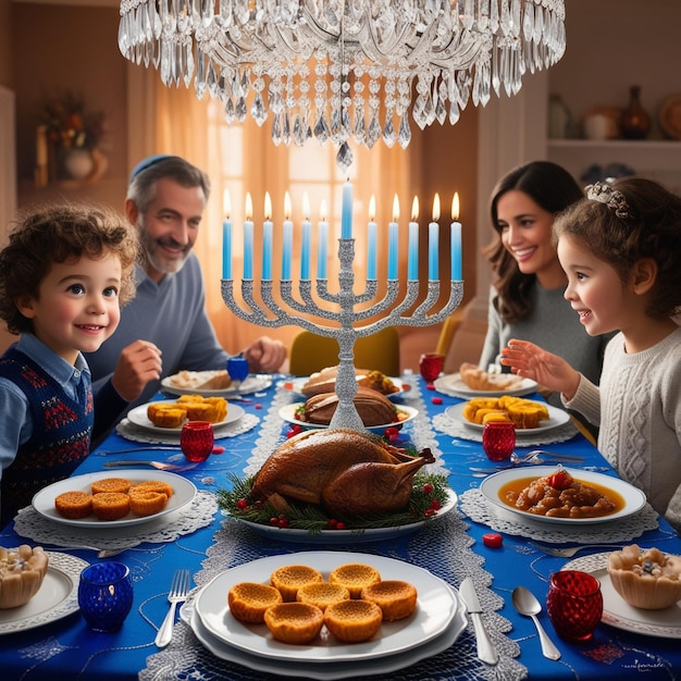 a family sits at a table with a blue tablecloth that says  happy jewish holiday