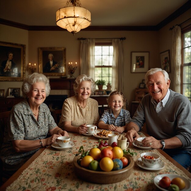 a family sits at a table with a bowl of fruit and a plate of fruit