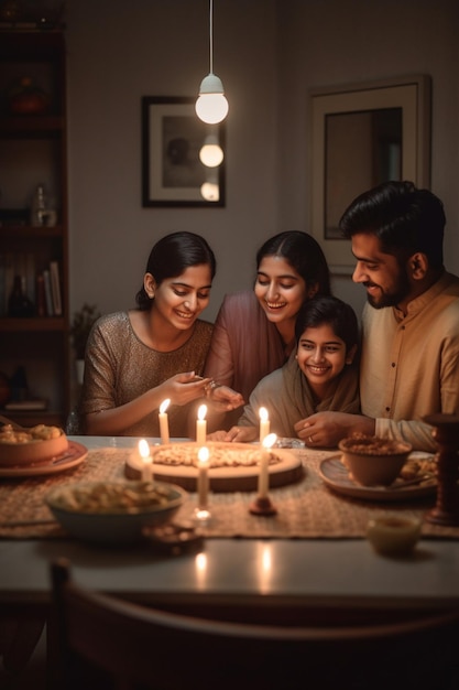 A family sits at a table with a cake and candles lit up on it.