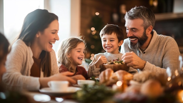 Photo a family sits at a table with a christmas tree in the background