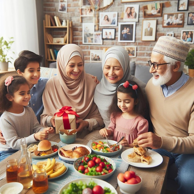 a family sits at a table with food and drinks