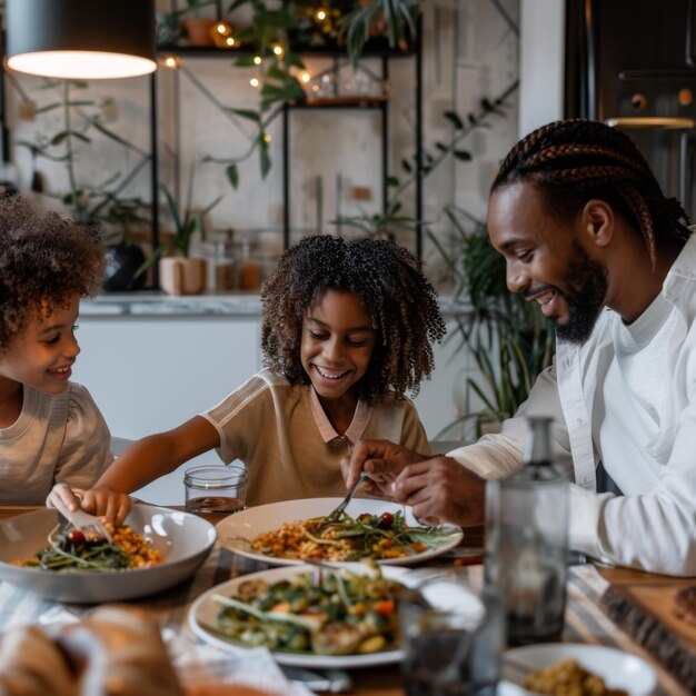 a family sits at a table with food and drinks