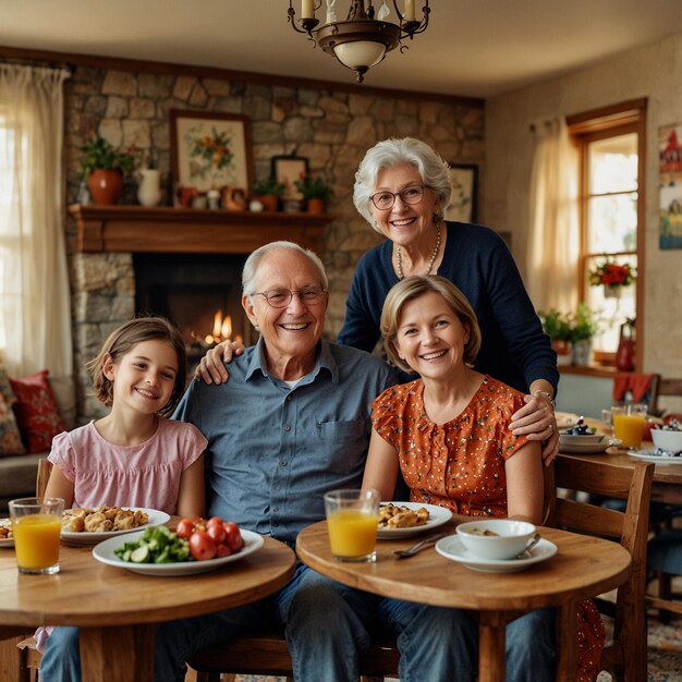 a family sits at a table with food and drinks