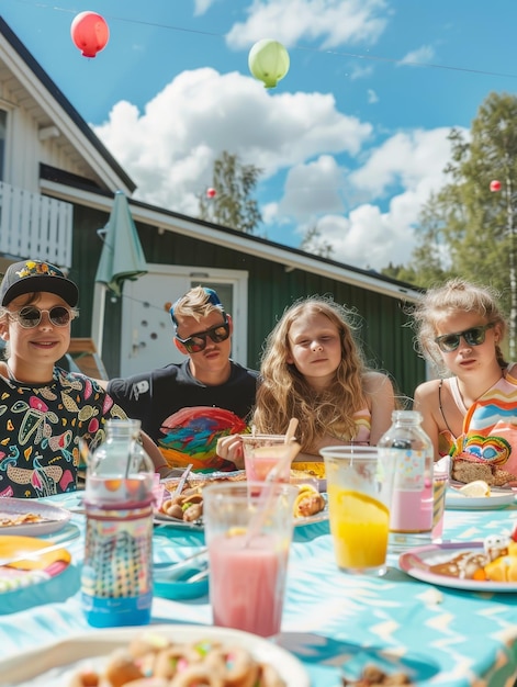 a family sits at a table with food and drinks