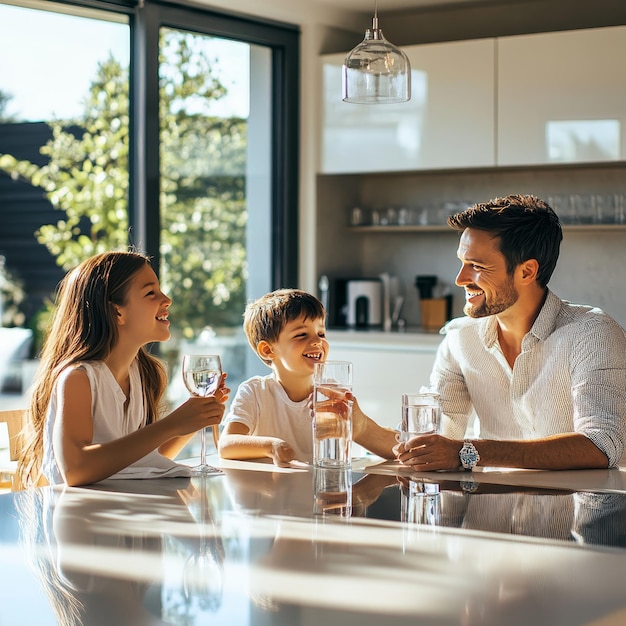 a family sits at a table with a glass of wine