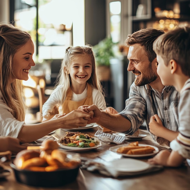 Photo a family sits at a table with a little girl and a man holding hands