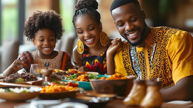 Photo a family sits at a table with a meal in the background