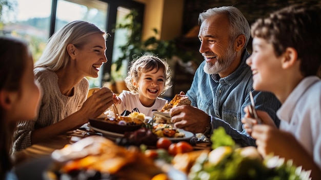 a family sits at a table with a plate of food and a child in the foreground