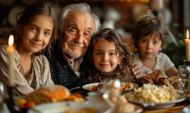 a family sits at a table with a plate of food and a little girl is smiling