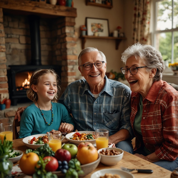 a family sits at a table with a plate of food and a man wearing glasses