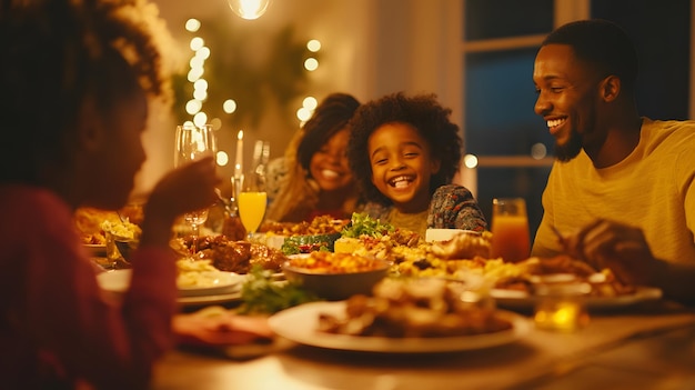 a family sits at a table with a plate of food and a woman is smiling and the man is smiling at the c