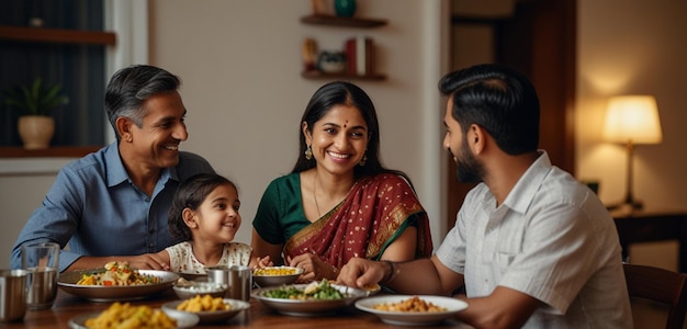 a family sits at a table with plates of food and plates of food