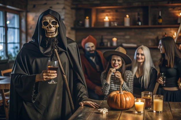 a family sits at a table with a pumpkin and a candle in the background