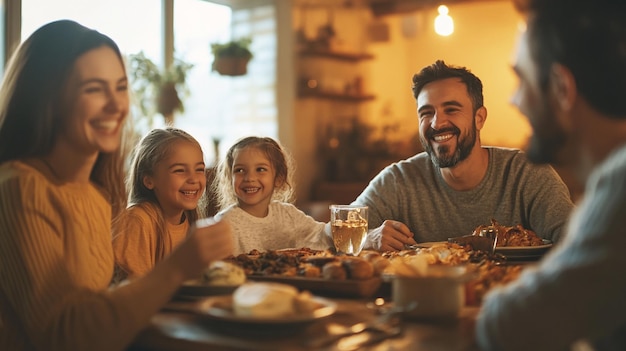 Photo a family sits at a table with their children