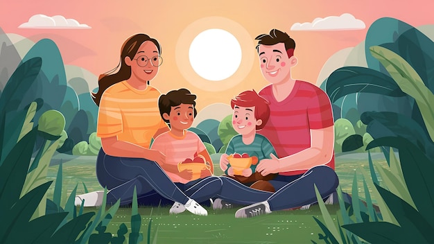 a family sitting on the grass