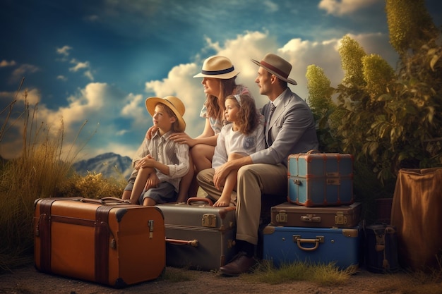 family sitting outdoors on a luggage and waiting for travel