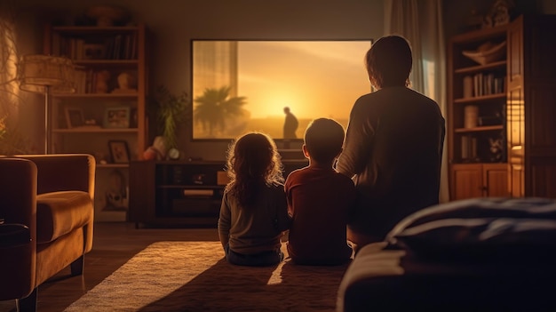 Family sitting together in a cozy living room watching television Generative AI