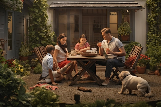 family sitting in the yard with pet dog