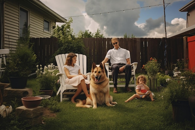 family sitting in the yard with pet dog