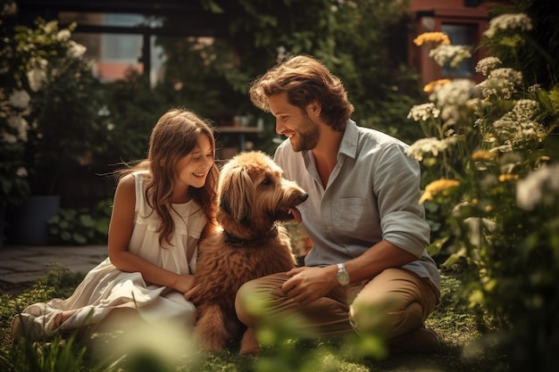 family sitting in the yard with pet dog