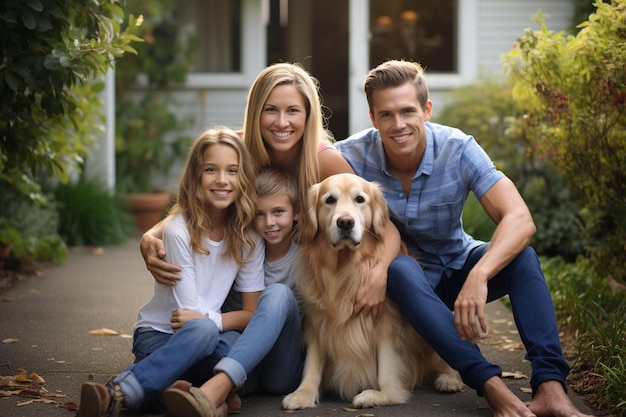 family sitting in the yard with pet dog