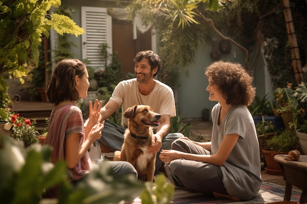 family sitting in the yard with pet dog